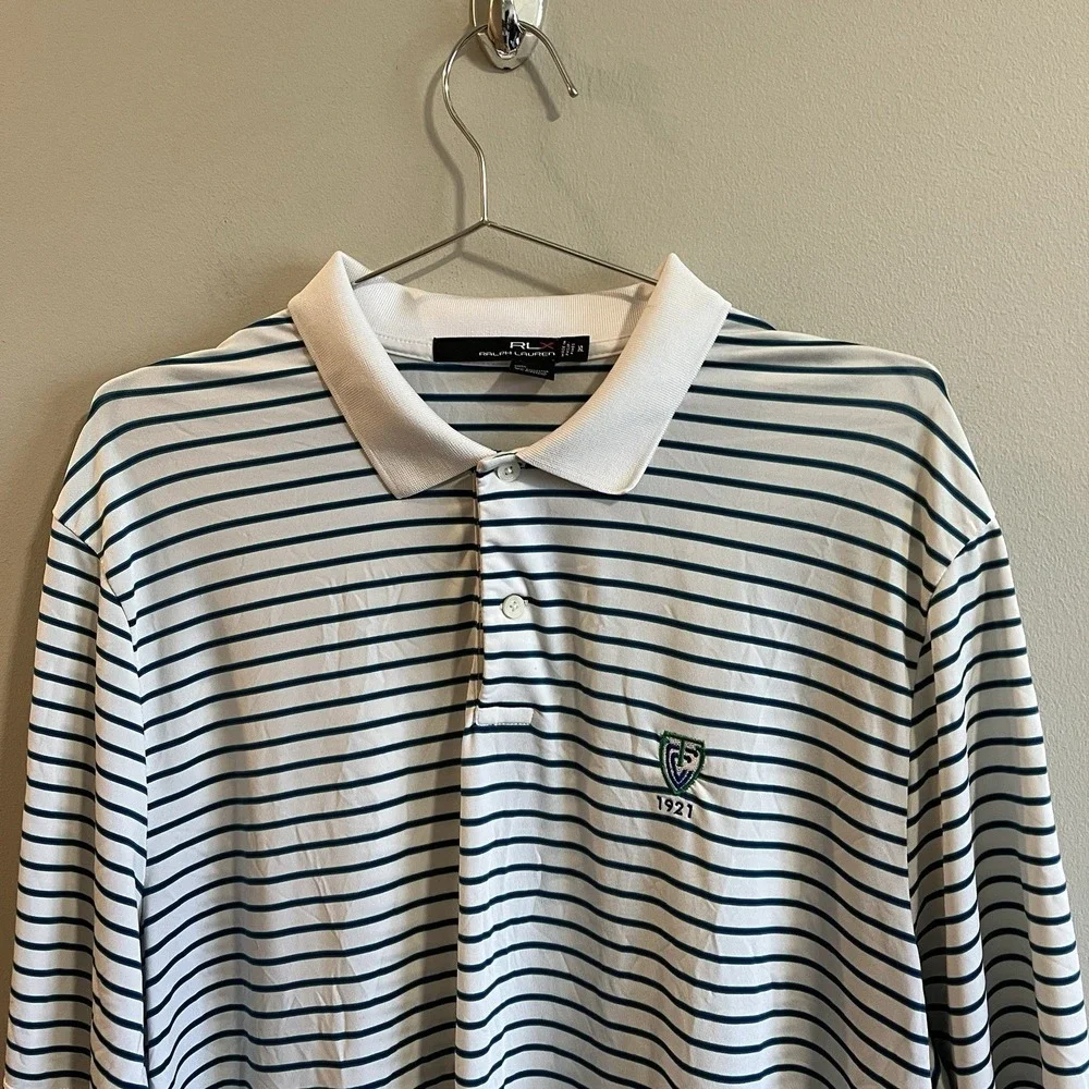 RLX Ralph Lauren Polo Shirt Mens Large Golf White Stripe Performance Stretch